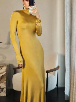 Spring Women's Solid Color High Neck Long Sleeve Fashionable Slim Dress