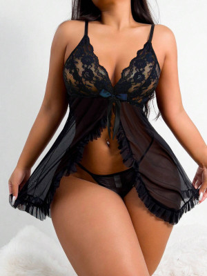 Sexy Black Lace Mesh Slit Nightdress Panty Two Piece Lingerie Set