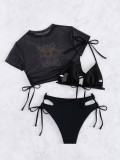 Solid Two Pieces Bikini Print Sun Protection T-Shirt Three-Piece Swimsuit