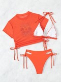 Solid Two Pieces Bikini Print Sun Protection T-Shirt Three-Piece Swimsuit