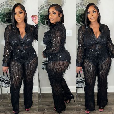 Women sexy fringed sequin See-Through long-sleeved shirt and pant two-piece set