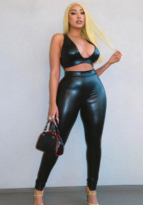 Women v-neck Crop Top and Pant Pu-Leather two-piece set