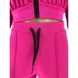 Women Autumn and Winter Solid Puff Sleeve Drawstring Pleated Round Neck Zipper Top and Pant Casual Sports Two-piece Set