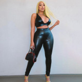 Women v-neck Crop Top and Pant Pu-Leather two-piece set