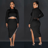 Women Solid Long Sleeve Dress Two Piece Set