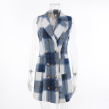 Women's Fashion Plaid Long Vest Turndown Collar Sleeveless Blazer