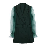 Spring Sexy See-Through Mesh Long Sleeve Double Breasted Slim Waist Chic Women Blazer Dress