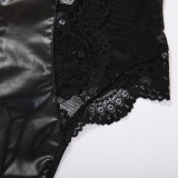 Sexy Lingerie Lace Pu Leather Patchwork Hollow Low Back Sexy One-Piece Bodysuit