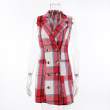 Women's Fashion Plaid Long Vest Turndown Collar Sleeveless Blazer