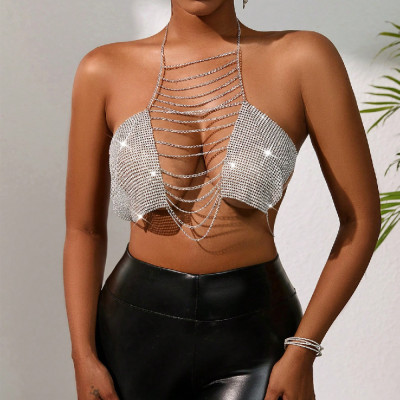 Women's Sexy Mesh Diamond Halter Neck Strap Nightclub Metal Camisole