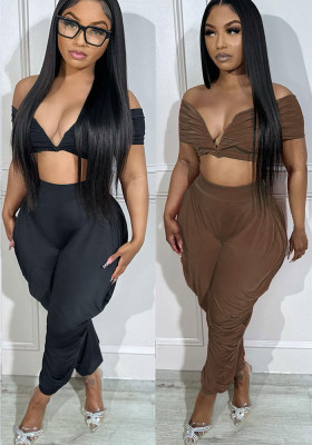 Sexy Off Shoulder Deep V Pleated Top Trousers Two Piece Set