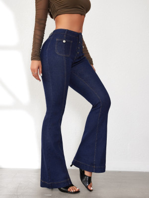 Spring Buttoned Slim Fit Women's High Waist Flare Denim Pants