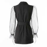 Spring Sexy See-Through Mesh Long Sleeve Double Breasted Slim Waist Chic Women Blazer Dress