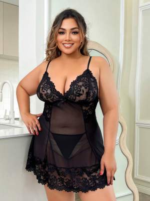 Plus Size Erotic Lingerie Sexy See Through Lace Mesh Strap Nightdress