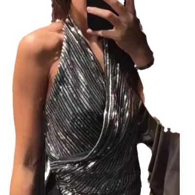 Women Style Sleeveless French Sexy Backless Halter Neck Sequins Top