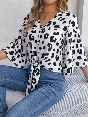 Women Casual Leopard Print Lace Up Chiffon Top