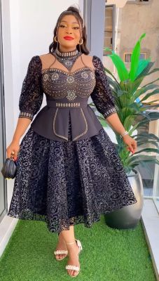 Plus Size Women African Beaded Lace Patchwork Dress
