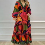 Women elegant v-neck geometric print dress