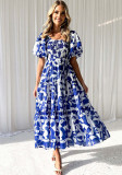 Women Elegant Print Off Shoulder Puff Sleeve Dress