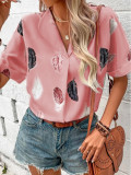 Spring And Summer Women's Turndown Collar Feather Print Shirt