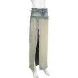 Washed And Distressed Denim High Waist Zipper Patchwork Detachable Tight Fitting Fashion Skirt