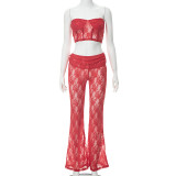 Women's Spring Sleeveless Strapless Top Elastic Waist Trousers Lace Two-Piece Set