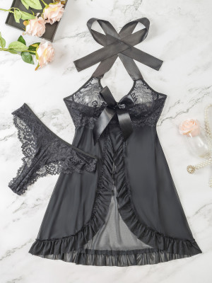 Women Temptation Lace Bow See-Through Nightgown Sexy Lingerie Two-piece Set