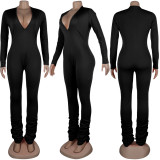 Women Solid V-neck Long Sleeve Jumpsuit