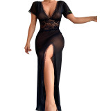 Women See-Through Slit Nightgown Lace Mesh Temptation Uniform Sexy Lingerie Set