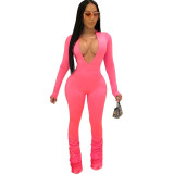 Women Solid V-neck Long Sleeve Jumpsuit