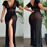 Women See-Through Slit Nightgown Lace Mesh Temptation Uniform Sexy Lingerie Set