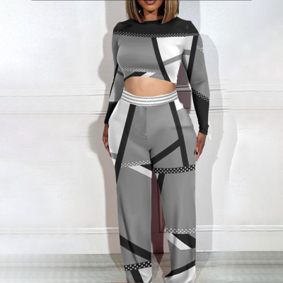 Women Printed Color Block Crop Top and Wide Leg Pants Two Piece Set