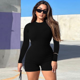 Women Spring Solid Round Neck Long Sleeve Jumpsuit
