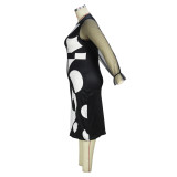 Women's Fashion Digital Printed Mesh Patchwork Long Sleeve Slim Pencil Dress