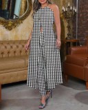 Spring And Summer Chic Halter Neck Sleeveless Houndstooth Printed Loose Top High Waist Pants Two Piece Set