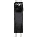 Sexy Lace Patchwork Solid Color Chic Elegant Slim Long Skirt