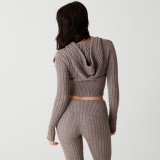 Sexy Fashionable Knitting Long-Sleeved Hooded Top Straight Pants Two Piece Set