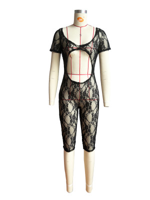 Women's Sexy See Through Lace U Neck Short Sleeve Jumpsuit