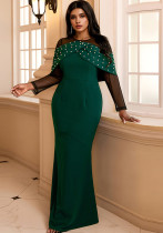 See-Through Long Sleeve High Waist Elegant Beaded High Waist Party Evening Long Dress