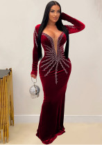 Women Solid Sexy Beaded Long Sleeve Dress