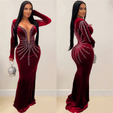 Women Solid Sexy Beaded Long Sleeve Dress