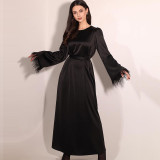 Women Round Neck Patchwork Feather Cuffs Lace-Up Dress