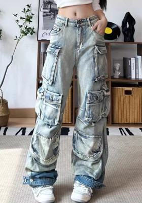 Spring Street-Style Pocket Washed Gradient Cargo Pants Casual Jeans