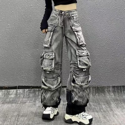 Spring Street-Style Pocket Washed Gradient Cargo Pants Casual Jeans