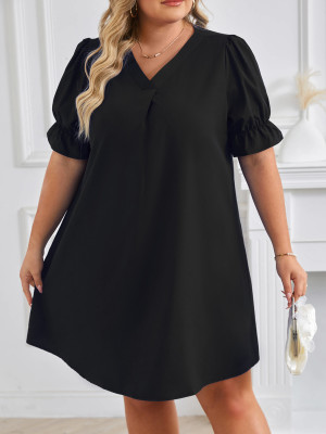 Plus Size V Neck Short Sleeve Solid Dress