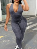Spring Summer Women'S Sexy Low Back Halter Neck V-Neck With Pockets Butt Lift Sports Jumpsuit