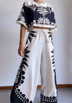 Spring Summer Casual Short Sleeve Lounge Wear Loose Holidays Women'S Two-Piece Pants Set