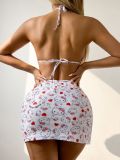 Print Women'S Two Piece Bikini Slit Short Skirt Three-Piece Swimsuit