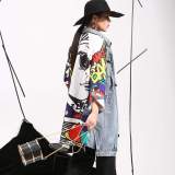 Women Fashion Graphic Loose Washed Denim Jacket