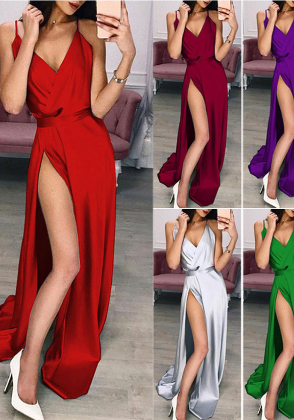 Summer Women sexy v-neck Strap slit dress